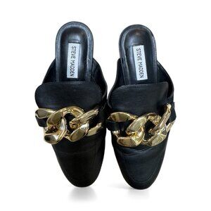 Steve Madden KIKI Mules 8.5 Black Gold Chain Slip On Loafers Womens Shoes NWOB